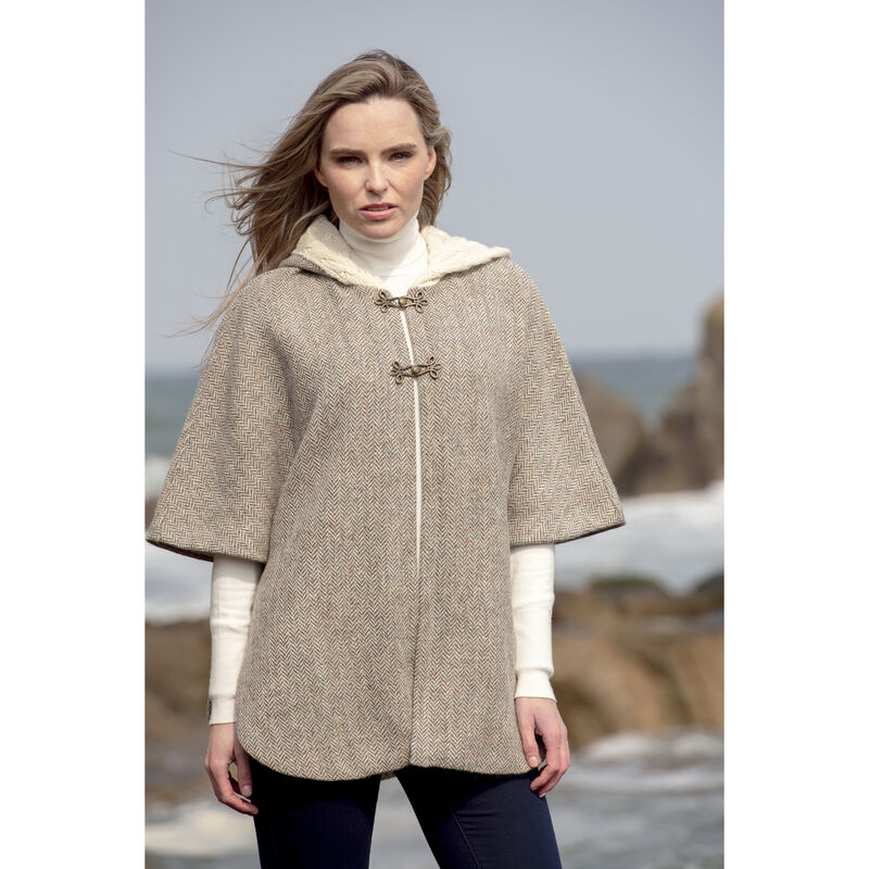 Merino Wool and Donegal Tweed Hooded Cape With Aran Lining  Natural Colour